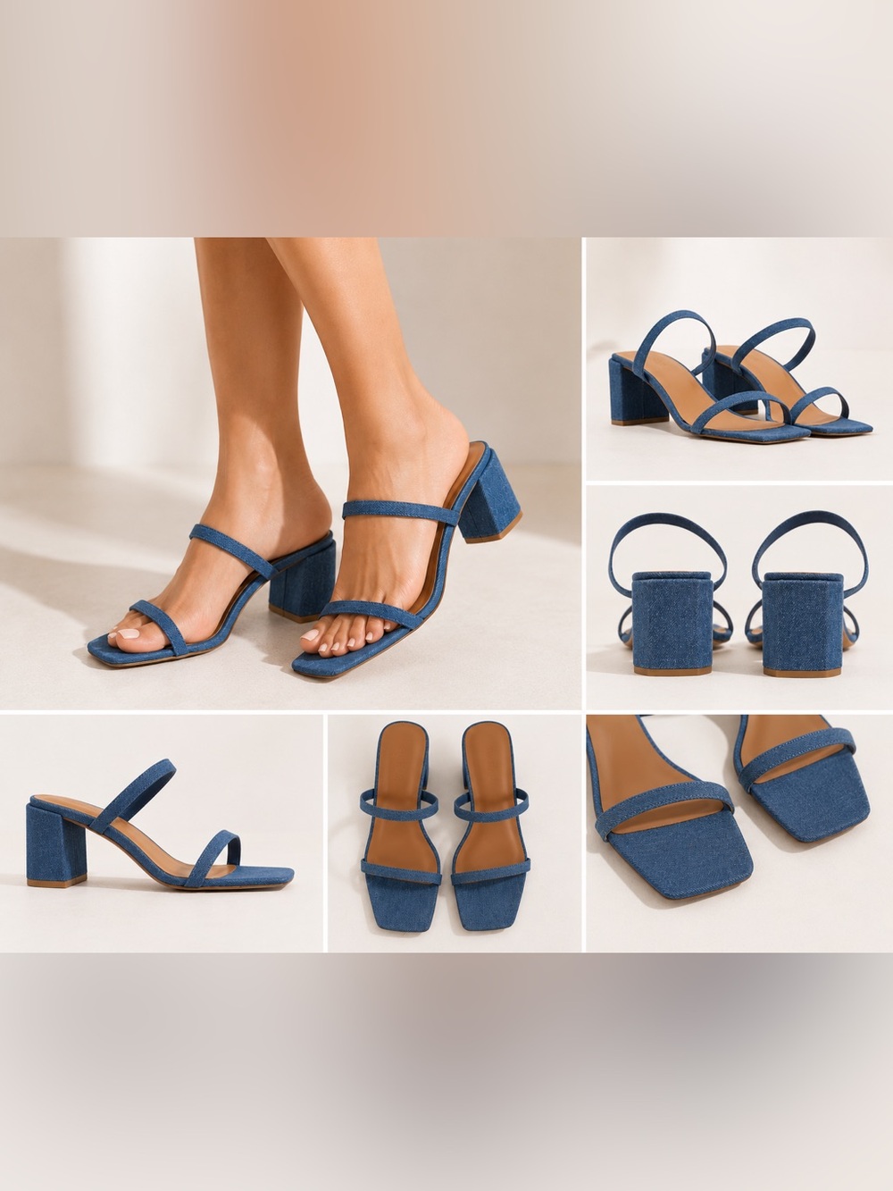 BY FAR Blue Denim Double-Strap Block Heel Sandals